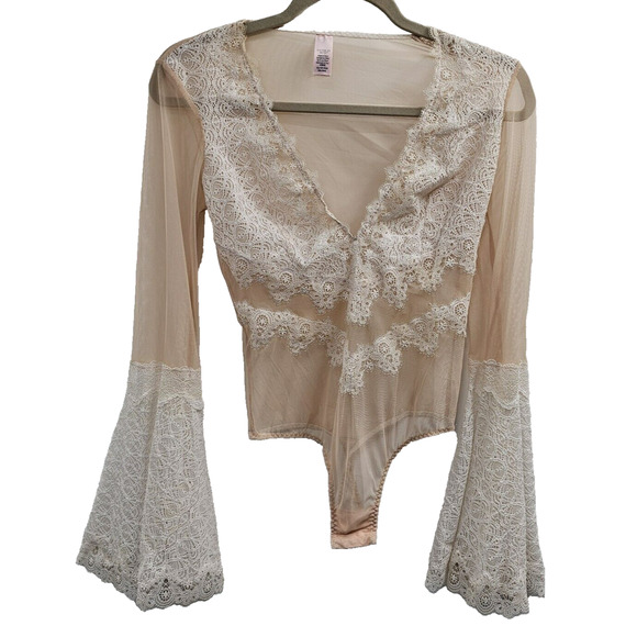 Victoria's Secret Tops - Victoria’s Secret Bodysuit XS Nude Lace Bell Sleeve Coquette Coastal Boho Chic